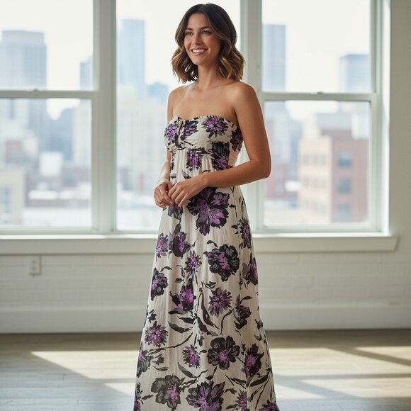 Lori M Collection Maxi Dress Women's Size XL Floral Lavender Strapless Lined - Picture 2 of 12